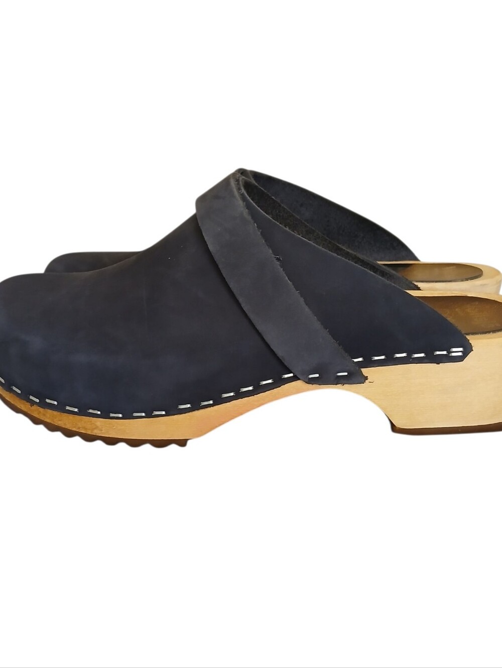 VOLLSJO Swedish Leather Wooden Clogs Women's 8 Navy Blue Chunky Funky Classic